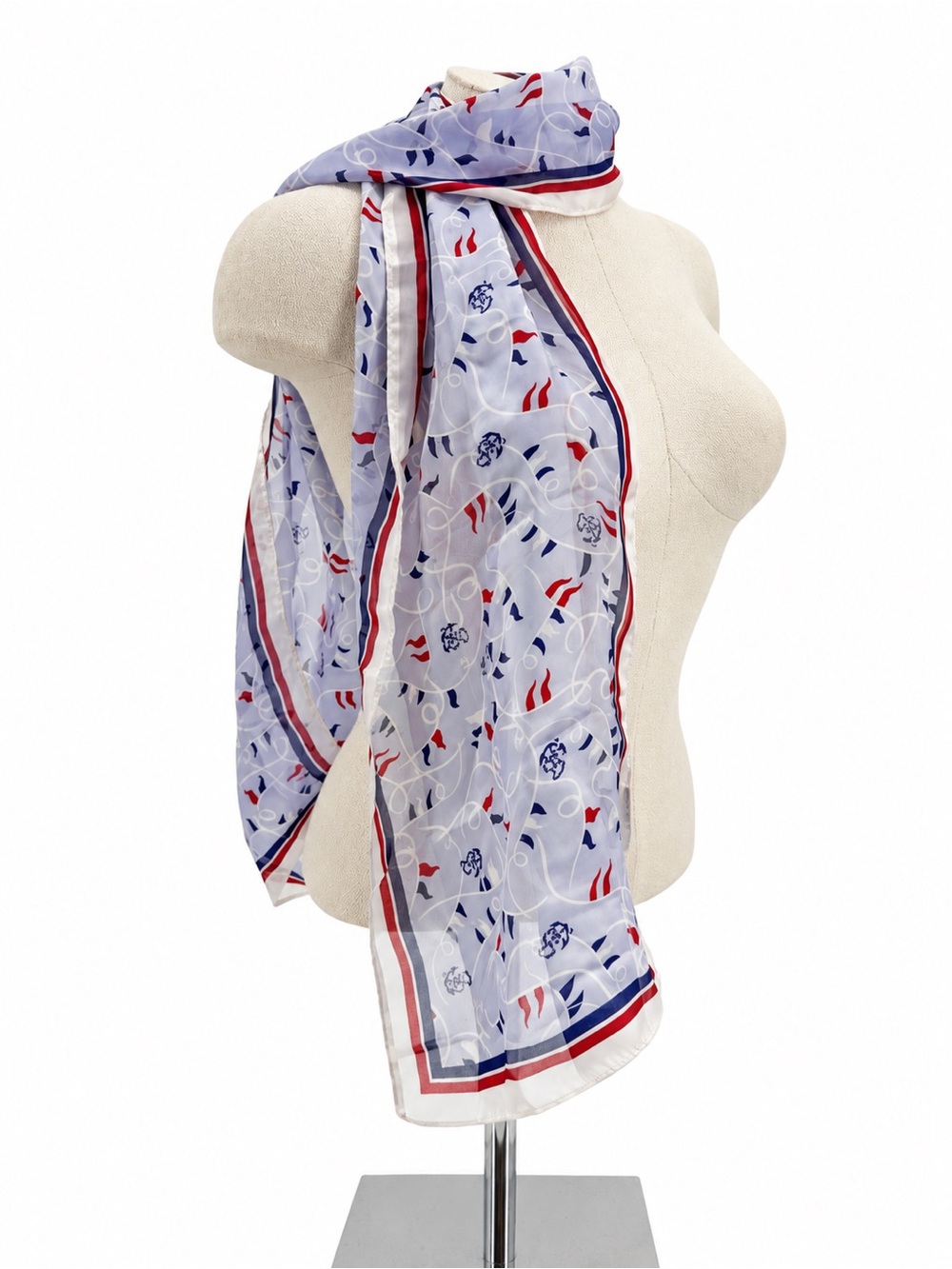Cejon 100% Silk Long Scarf Red White Blue Abstract Print Vintage Anchor Coastal